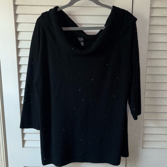 Eileen Fisher 100% Merino Wool Black Cowl Neck Sweater 1X Sparkle Detail - Picture 2 of 5